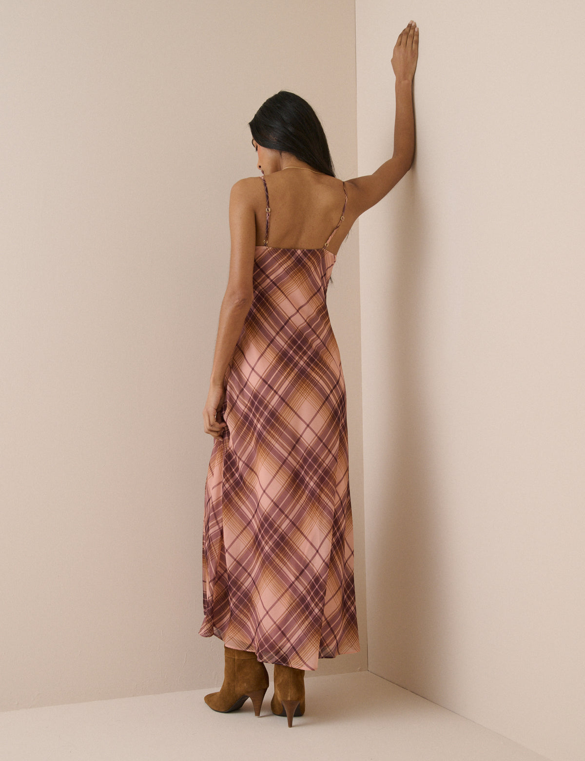 Pink and Maroon Check Motsi Midi Dress