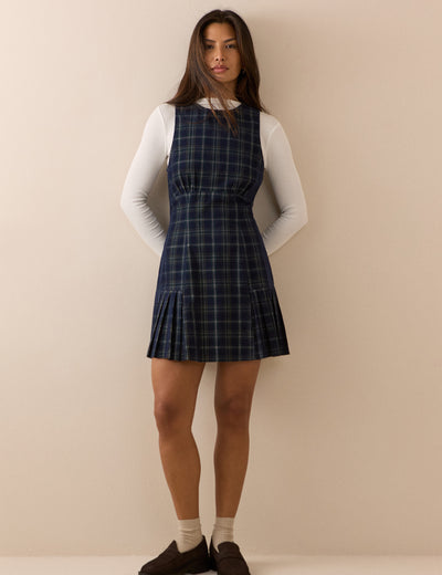 Blue Tartan Cord Pleated Elma Mini Dress