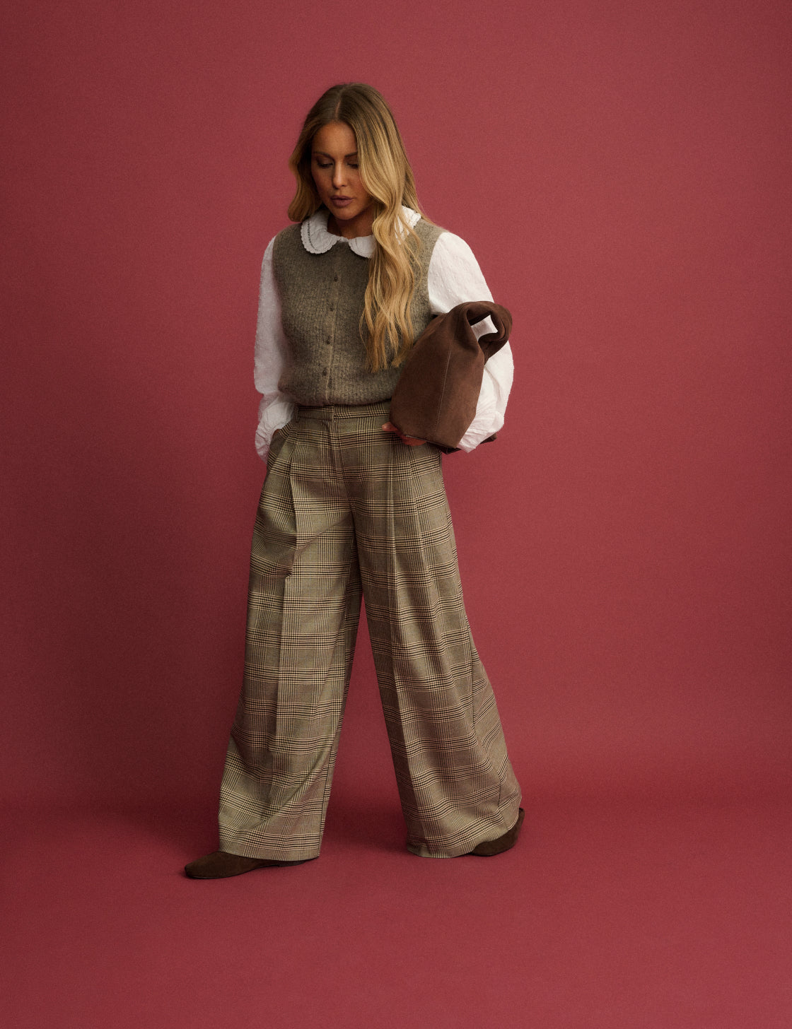 Grey Check High Waisted Wide Leg Trousers
