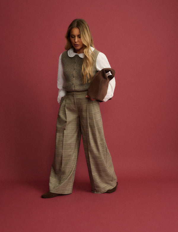 Grey Check High Waisted Wide Leg Trousers