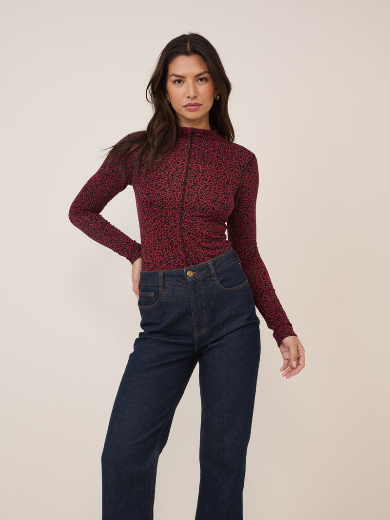 Red Leopard Print Long Sleeve Top