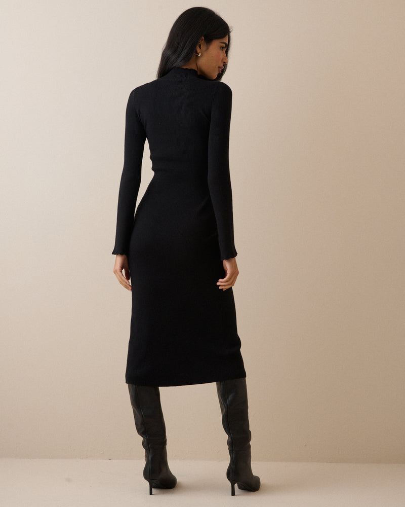 Black Ribbed Knitted Midi Dress