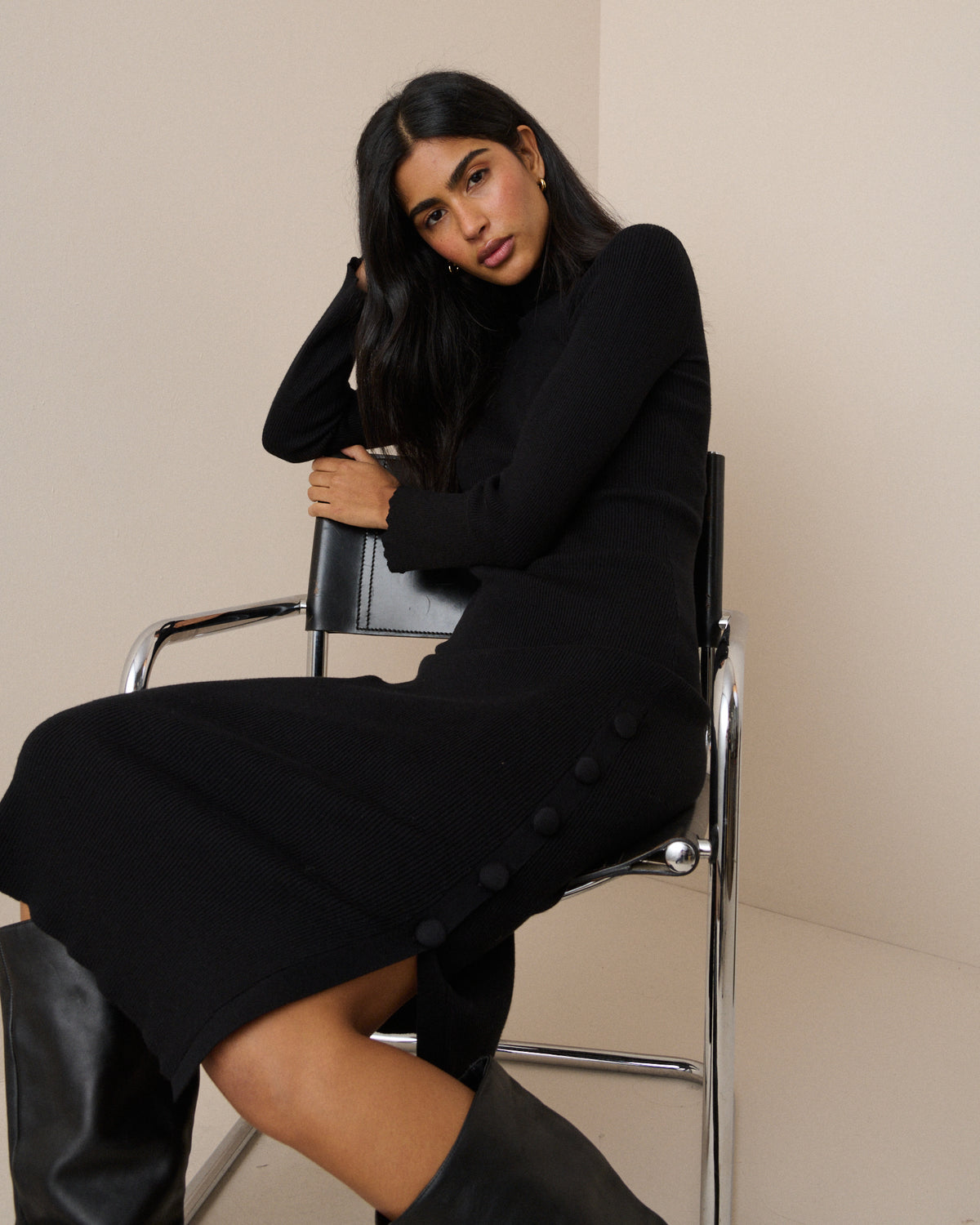 Black Ribbed Knitted Midi Dress