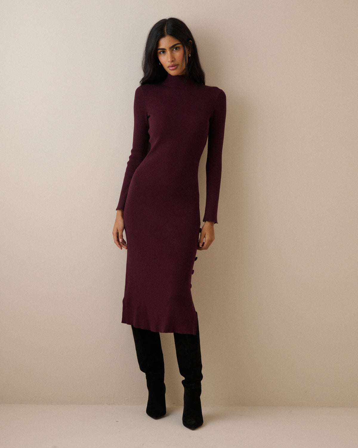 Burgundy Ribbed Knitted Midi Dress