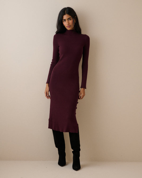 Burgundy Ribbed Knitted Midi Dress