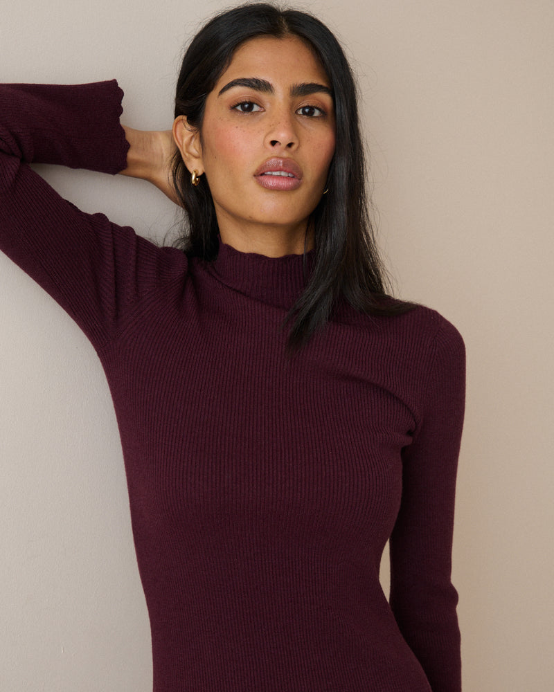 Burgundy Ribbed Knitted Midi Dress