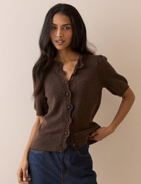 Chocolate Brown Wool-Blend Crochet Trim Short Sleeve Cardigan