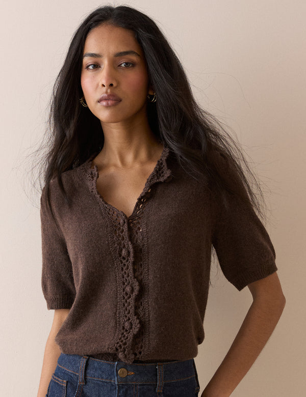 Chocolate Brown Wool-Blend Crochet Trim Short Sleeve Cardigan
