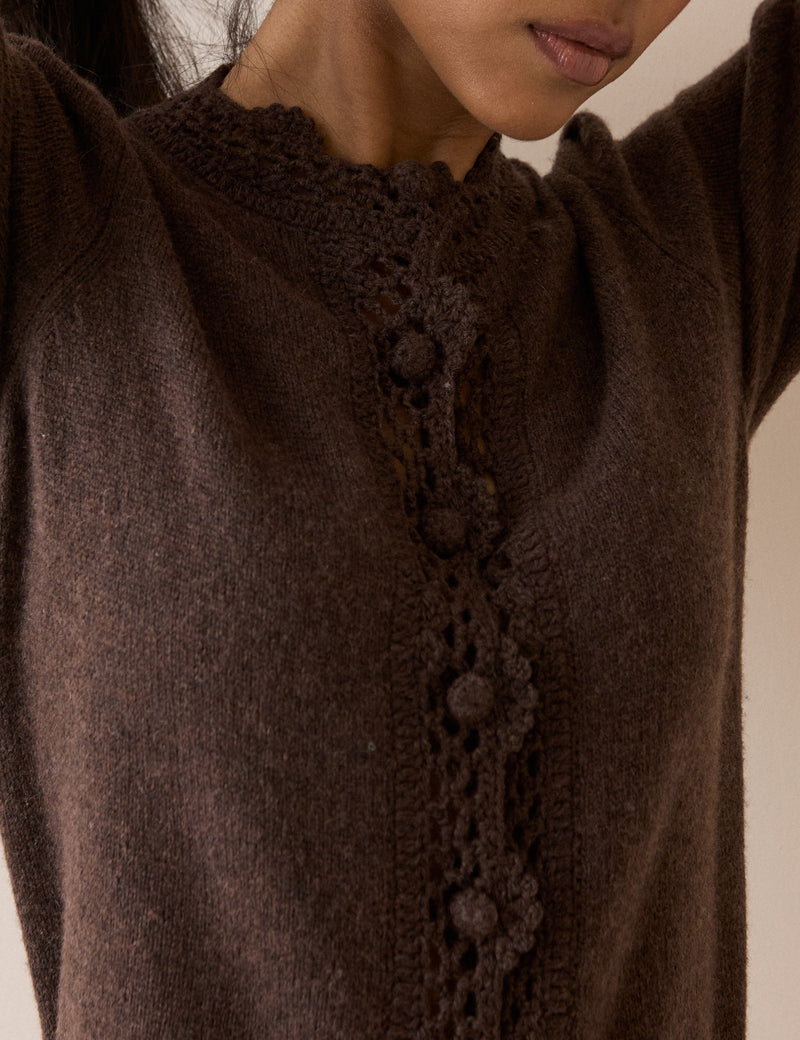 Chocolate Brown Wool-Blend Crochet Trim Short Sleeve Cardigan