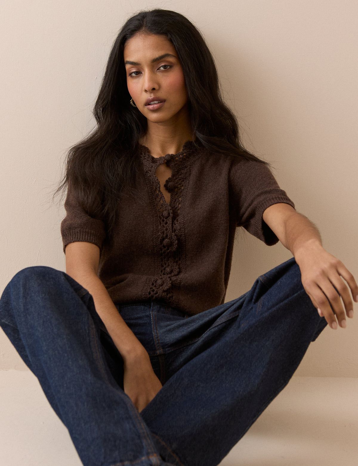 Chocolate Brown Wool-Blend Crochet Trim Short Sleeve Cardigan