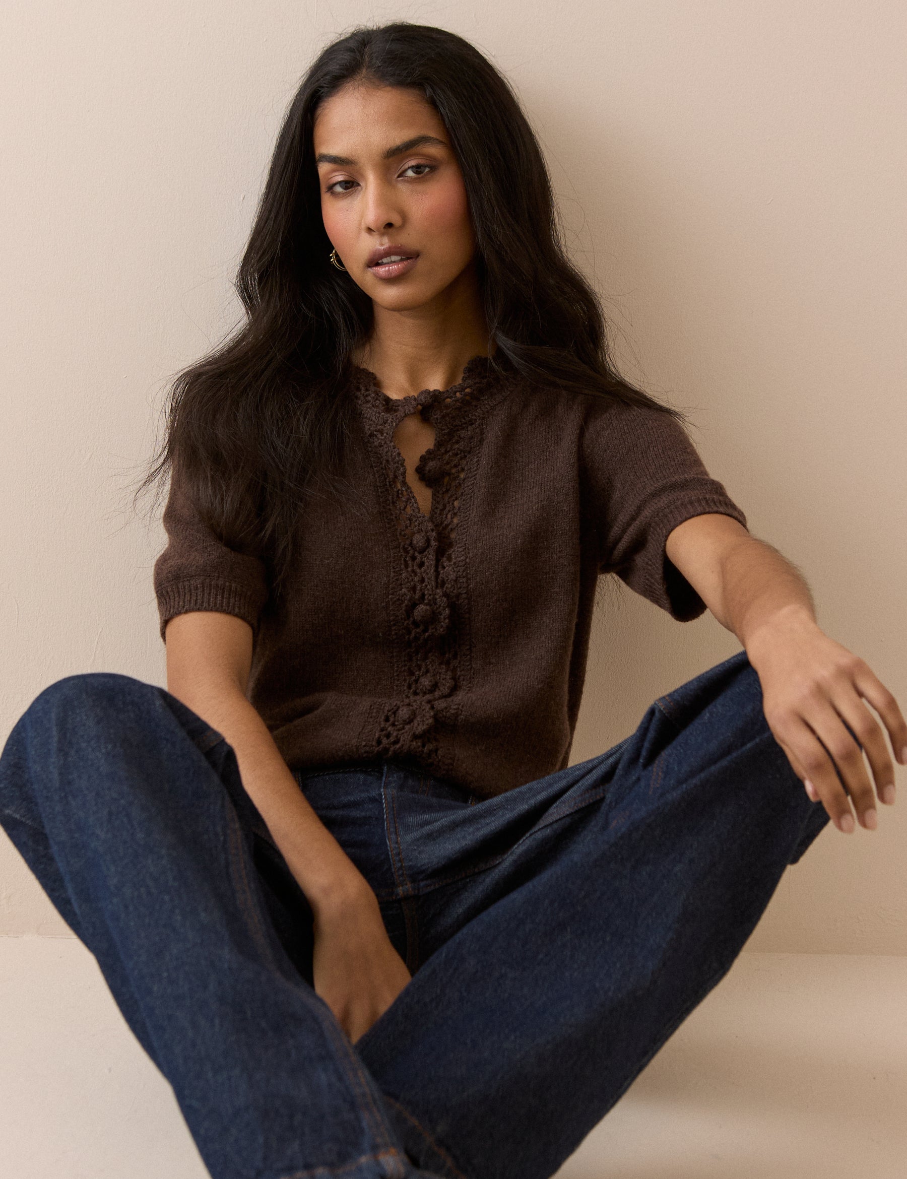 Chocolate Brown Wool-Blend Crochet Trim Short Sleeve Cardigan