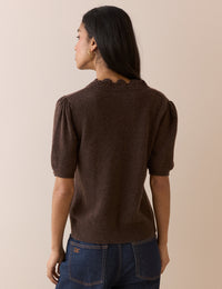 Chocolate Brown Wool-Blend Crochet Trim Short Sleeve Cardigan