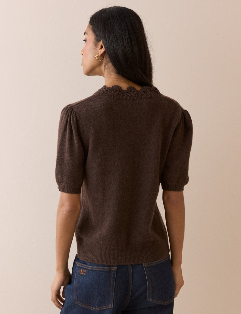 Chocolate Brown Wool-Blend Crochet Trim Short Sleeve Cardigan