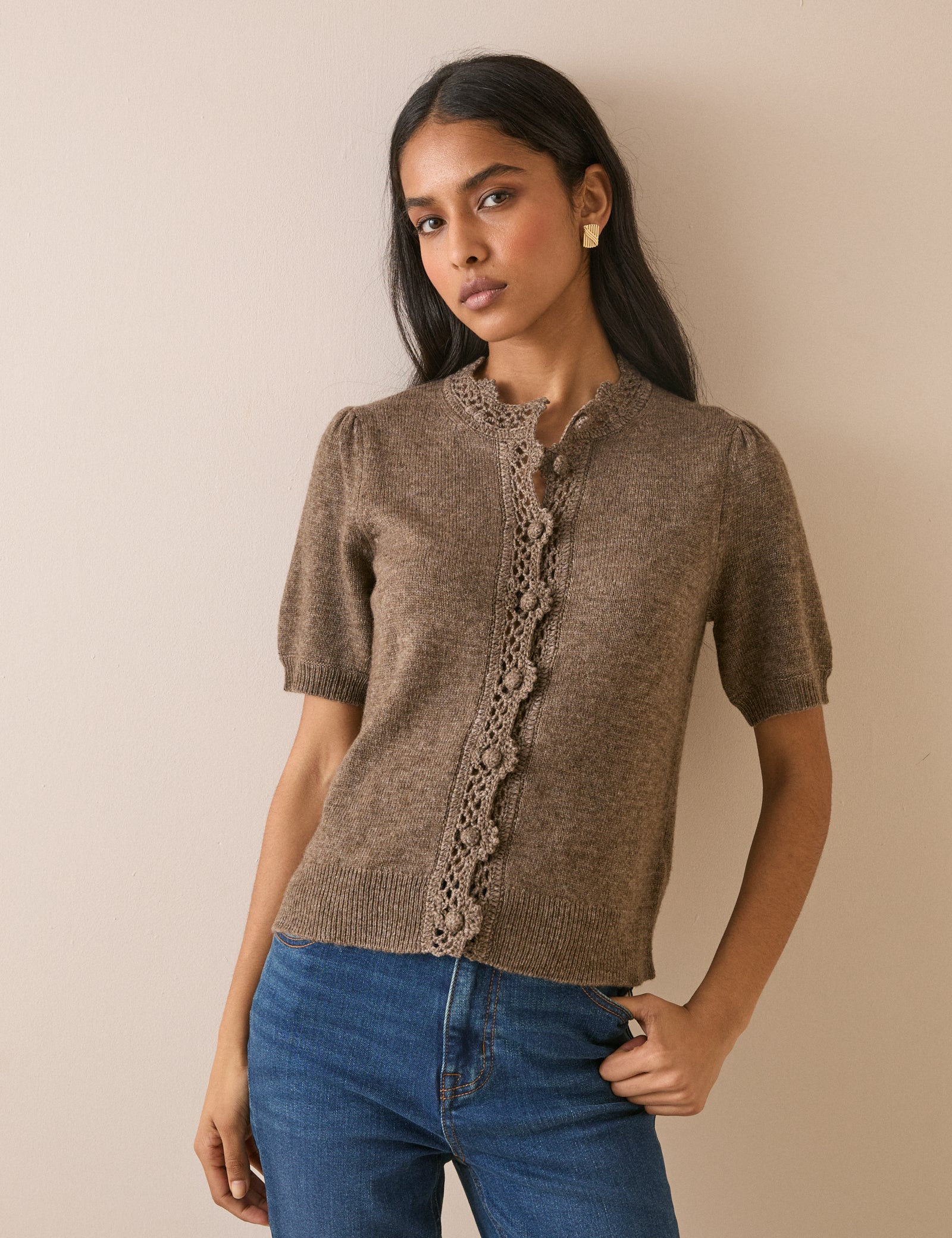Taupe Wool-Blend Crochet Trim Cardigan