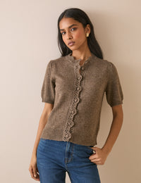 Taupe Wool-Blend Crochet Trim Cardigan