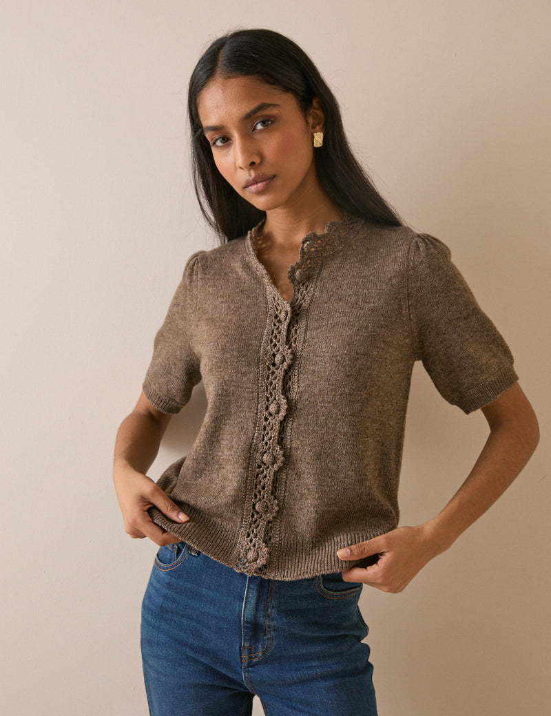 Taupe Wool-Blend Crochet Trim Cardigan