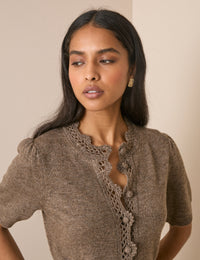 Taupe Wool-Blend Crochet Trim Cardigan