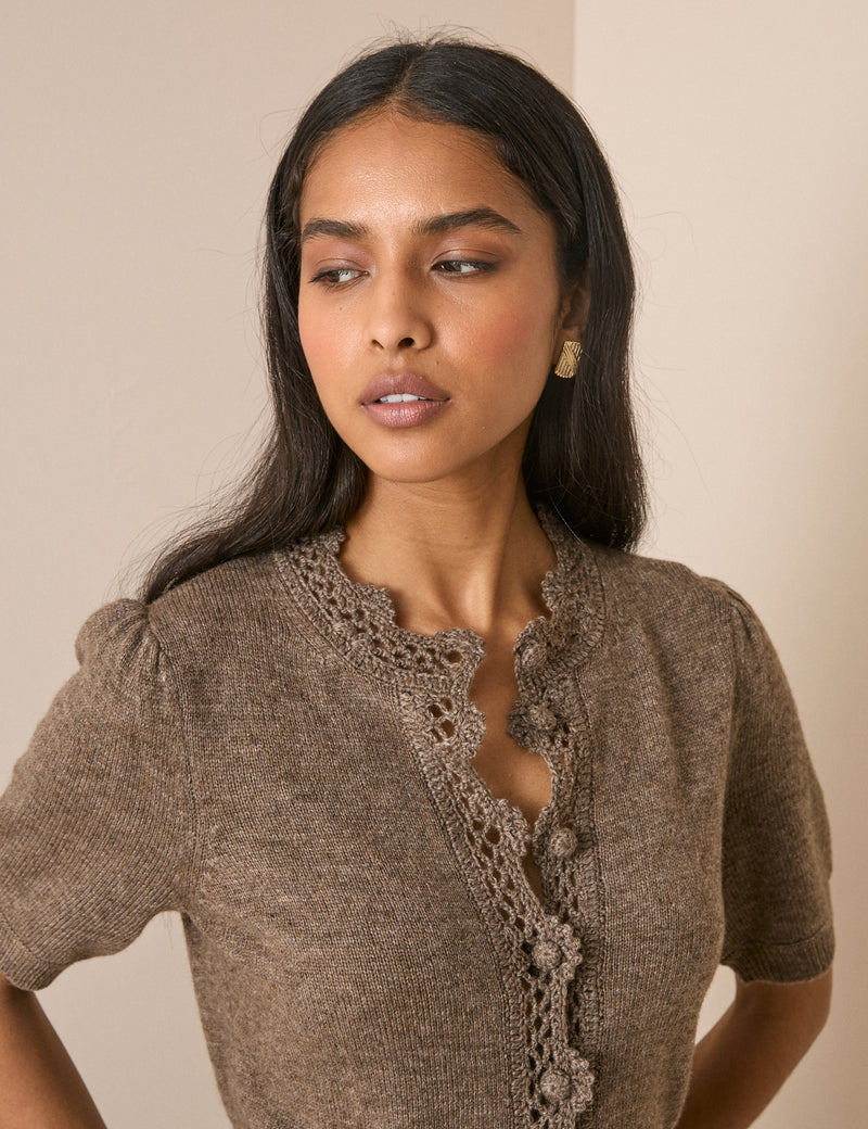 Taupe Wool-Blend Crochet Trim Cardigan