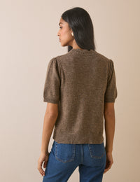 Taupe Wool-Blend Crochet Trim Cardigan