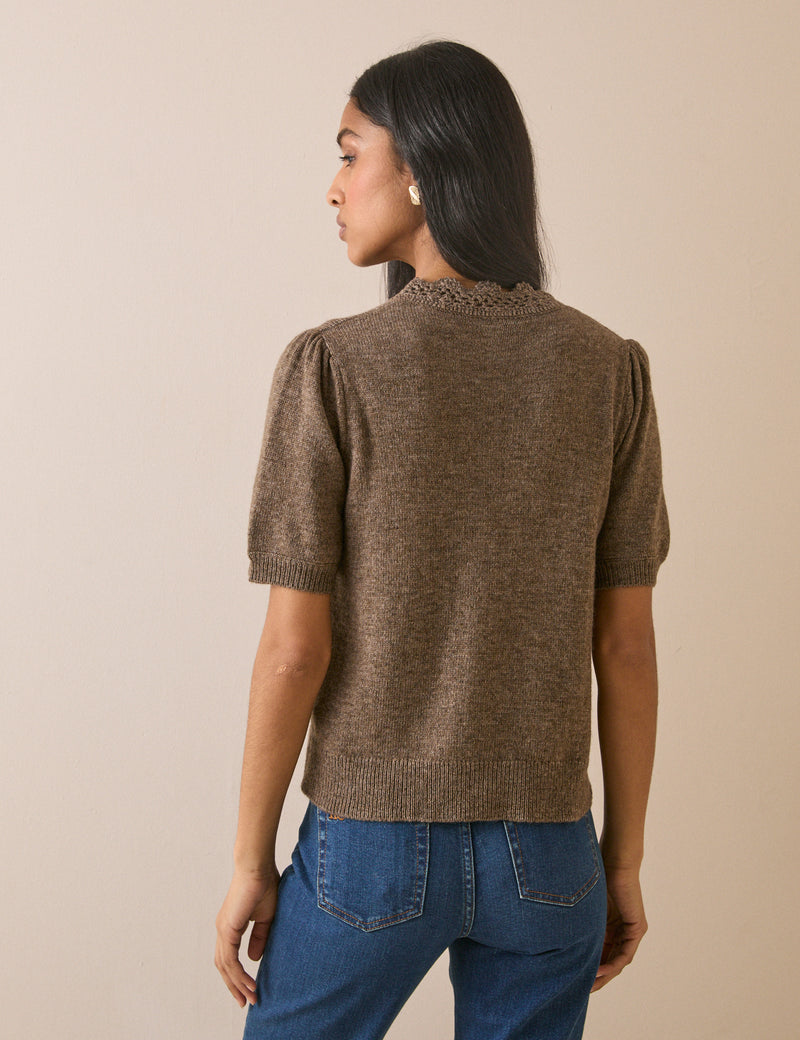 Taupe Wool-Blend Crochet Trim Cardigan