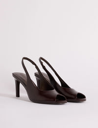 Chocolate Brown Leather Peep Toe Sling Back Heels
