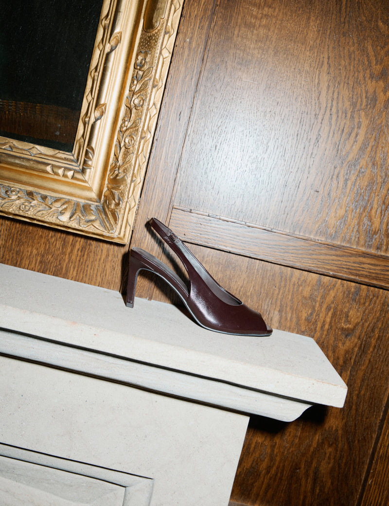Chocolate Brown Leather Peep Toe Sling Back Heels
