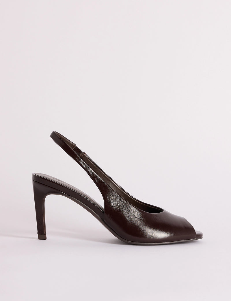 Chocolate Brown Leather Peep Toe Sling Back Heels