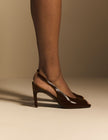 Chocolate Brown Leather Peep Toe Sling Back Heels