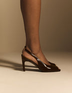 Chocolate Brown Leather Peep Toe Sling Back Heels