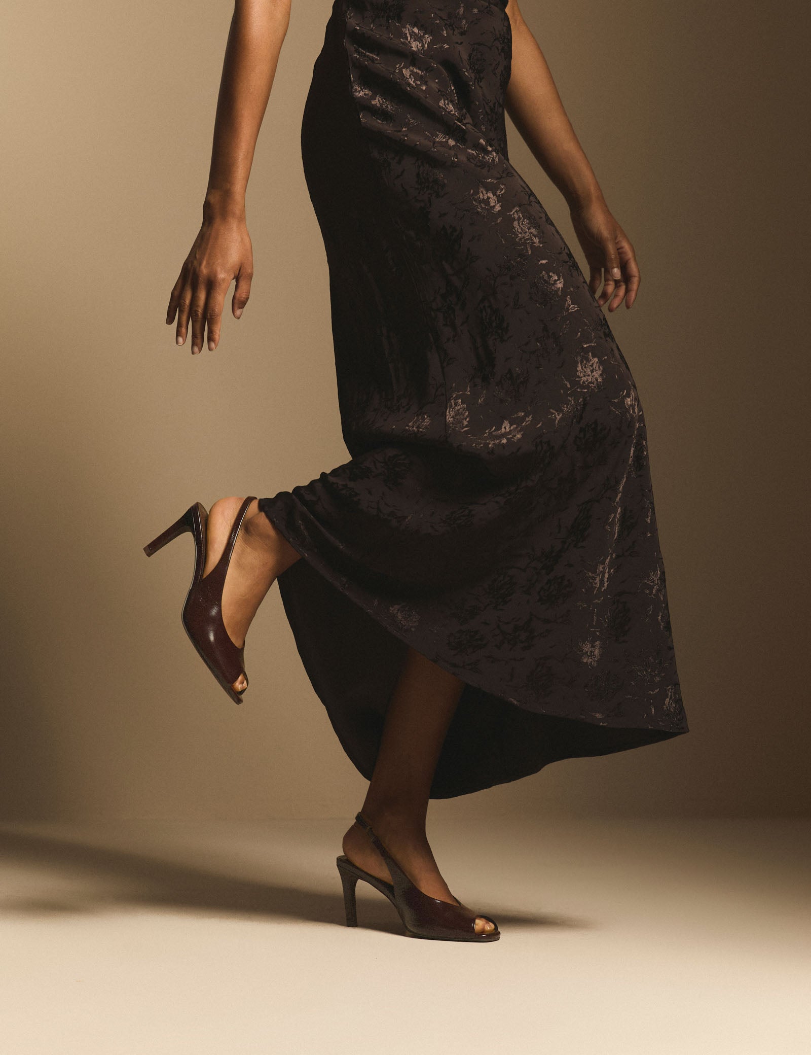 Chocolate Brown Leather Peep Toe Sling Back Heels