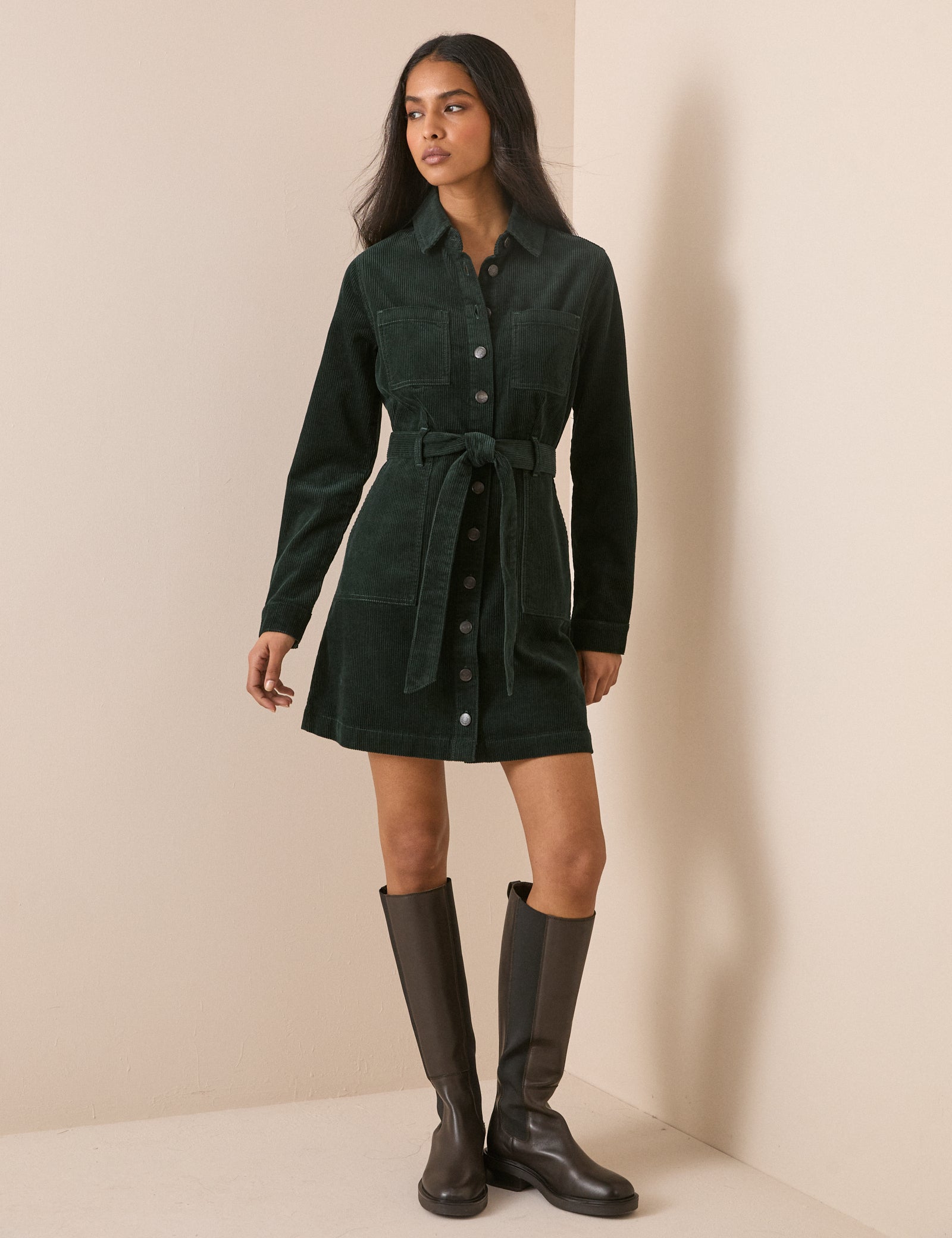 Green Cord Finchley Mini Shirt Dress
