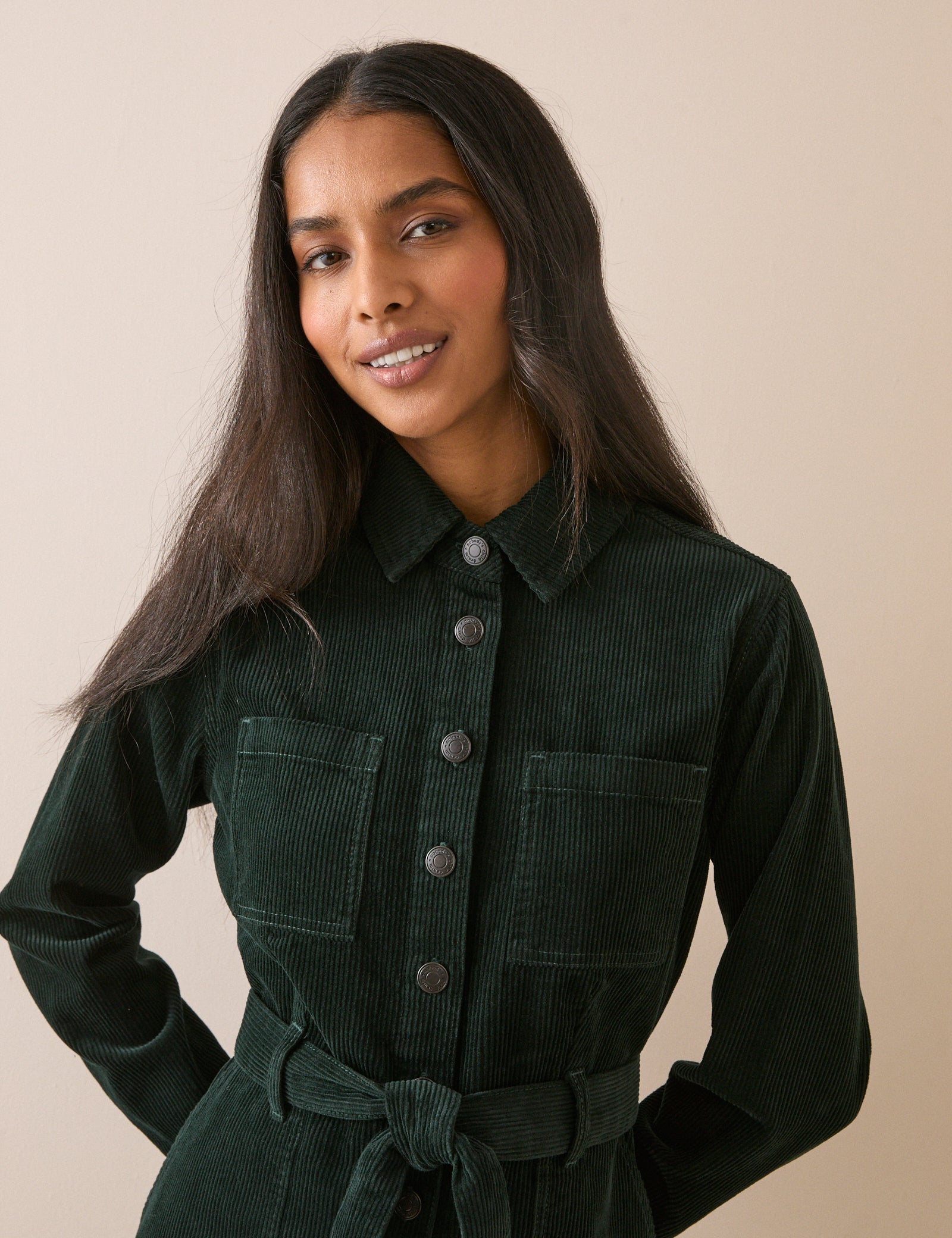 Green Cord Finchley Mini Shirt Dress