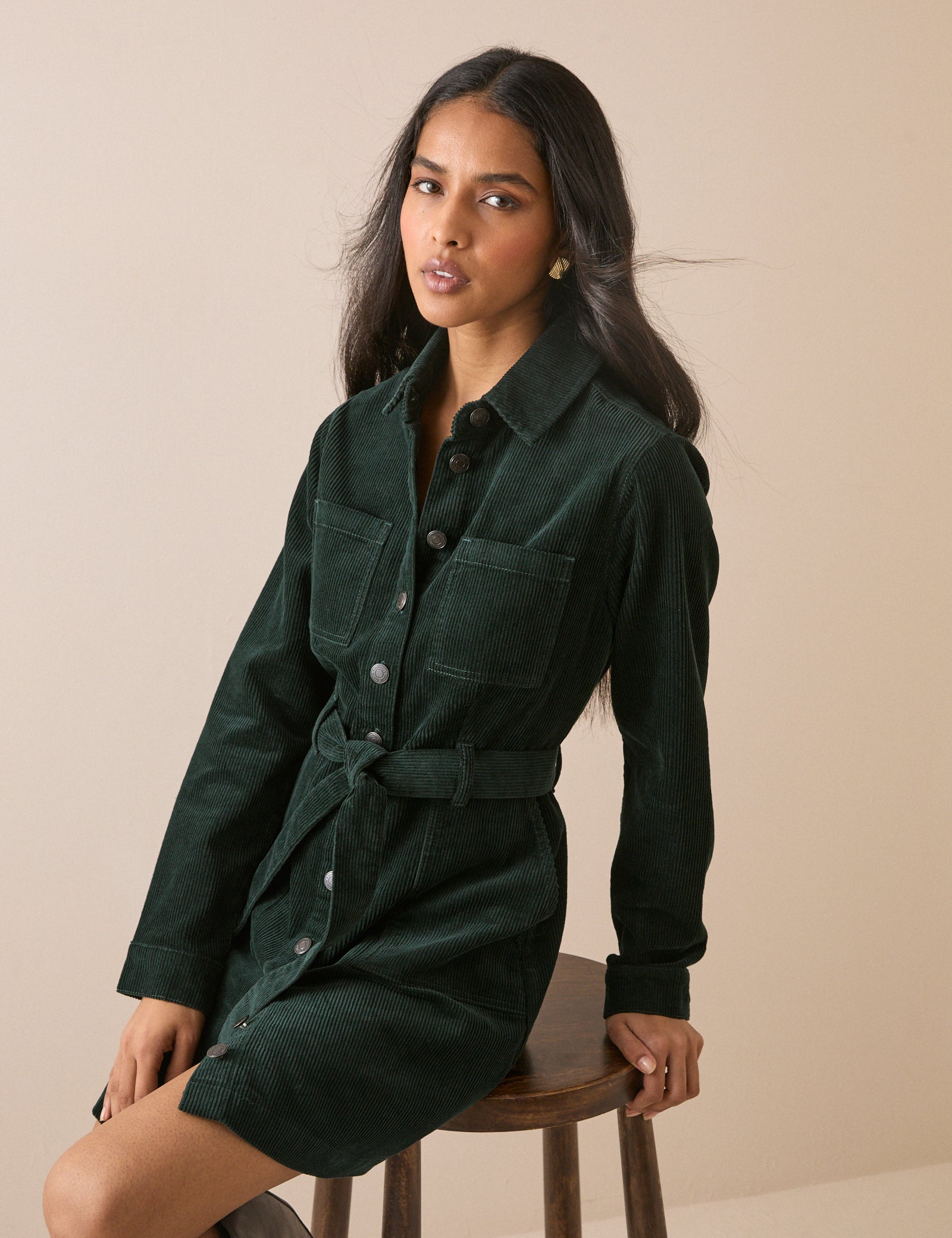 Green Cord Finchley Mini Shirt Dress