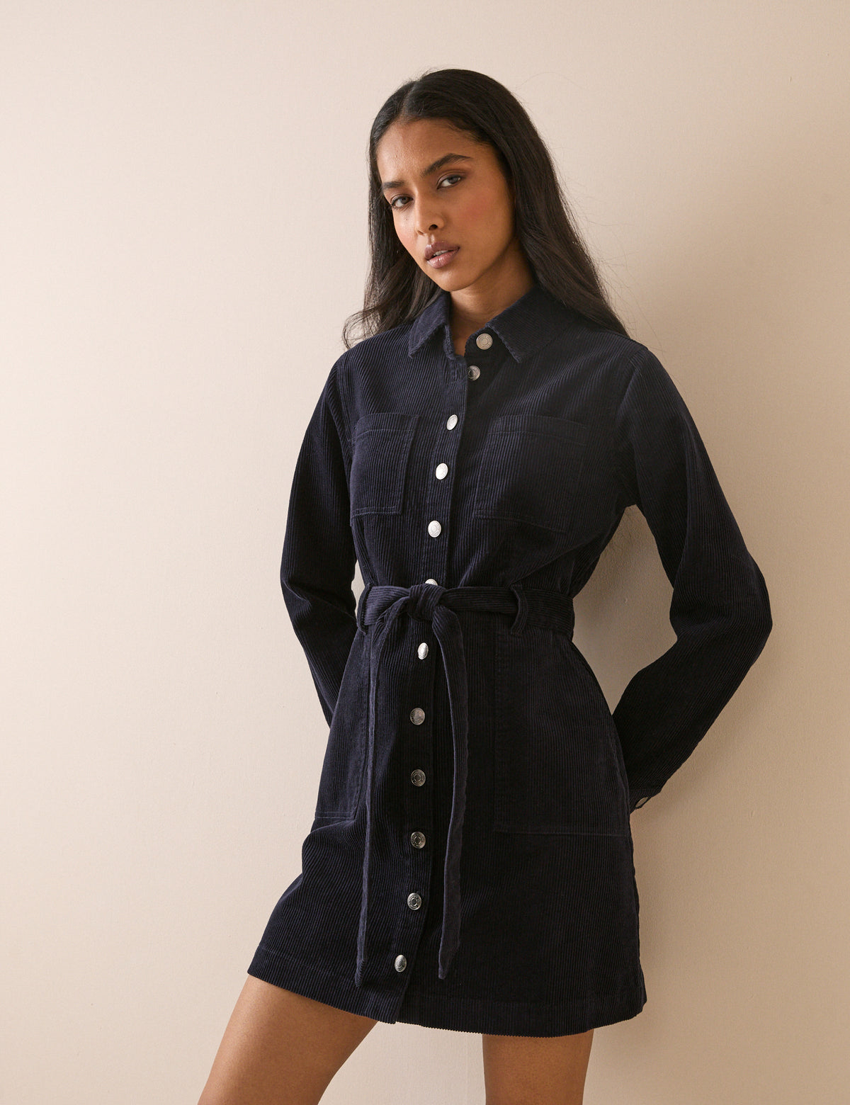 Navy Cord Finchley Mini Shirt Dress
