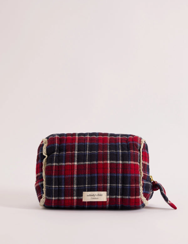 Red Tartan Frill Trim Makeup Bag