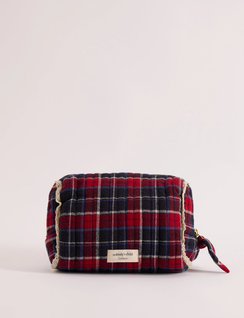Red Tartan Frill Trim Makeup Bag