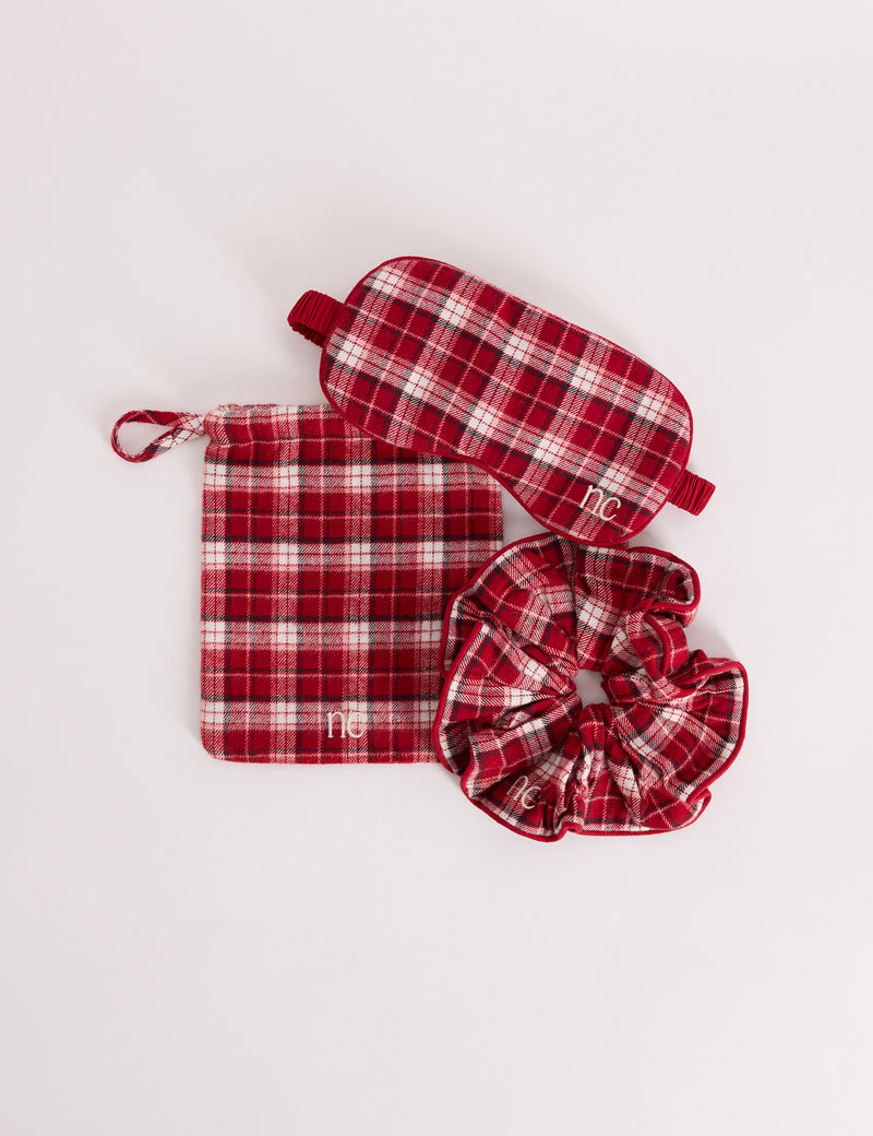 Red Tartan Eye Mask and Scrunchie Gift Set