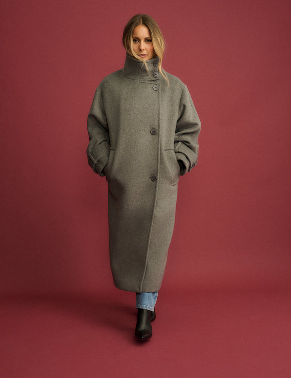 Grey Funnel Neck Wool-Blend Coat