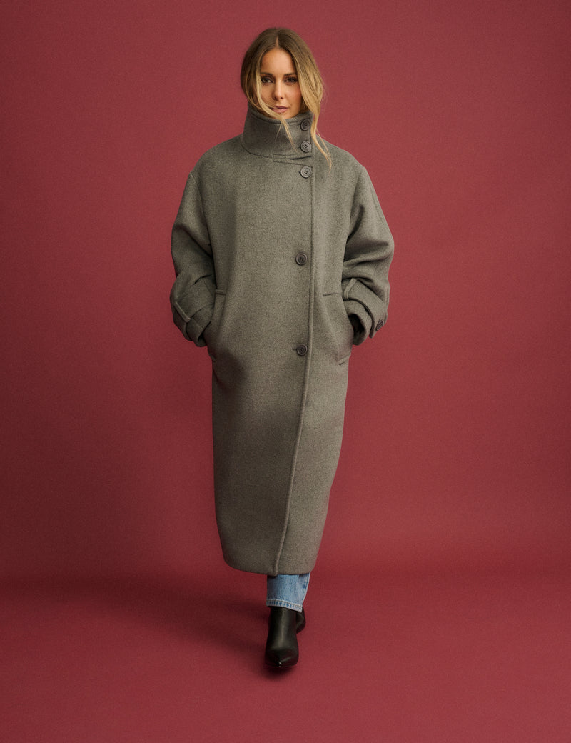 Grey Funnel Neck Wool-Blend Coat