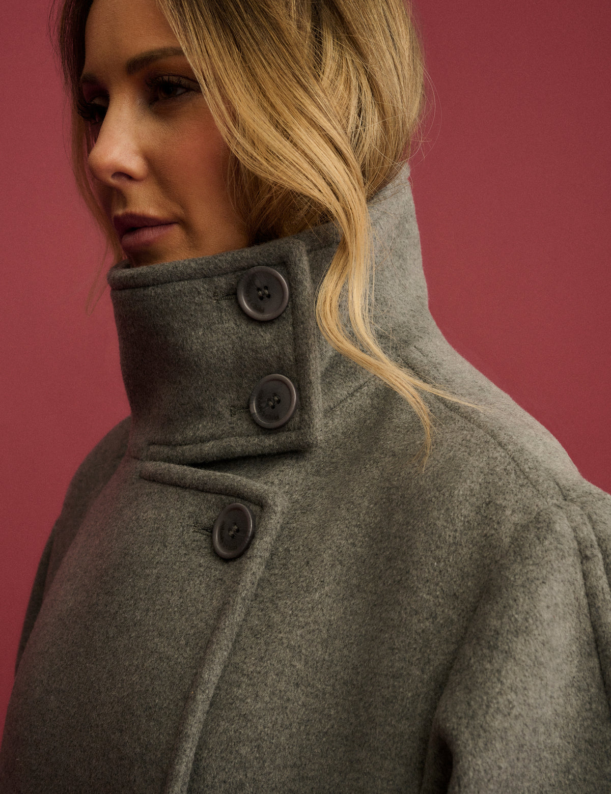 Grey Funnel Neck Wool-Blend Coat
