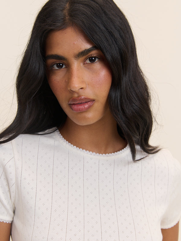 White Pointelle Lace Trim Top