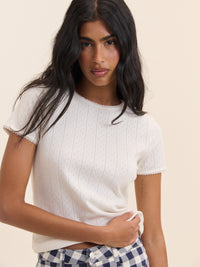 White Pointelle Lace Trim Top