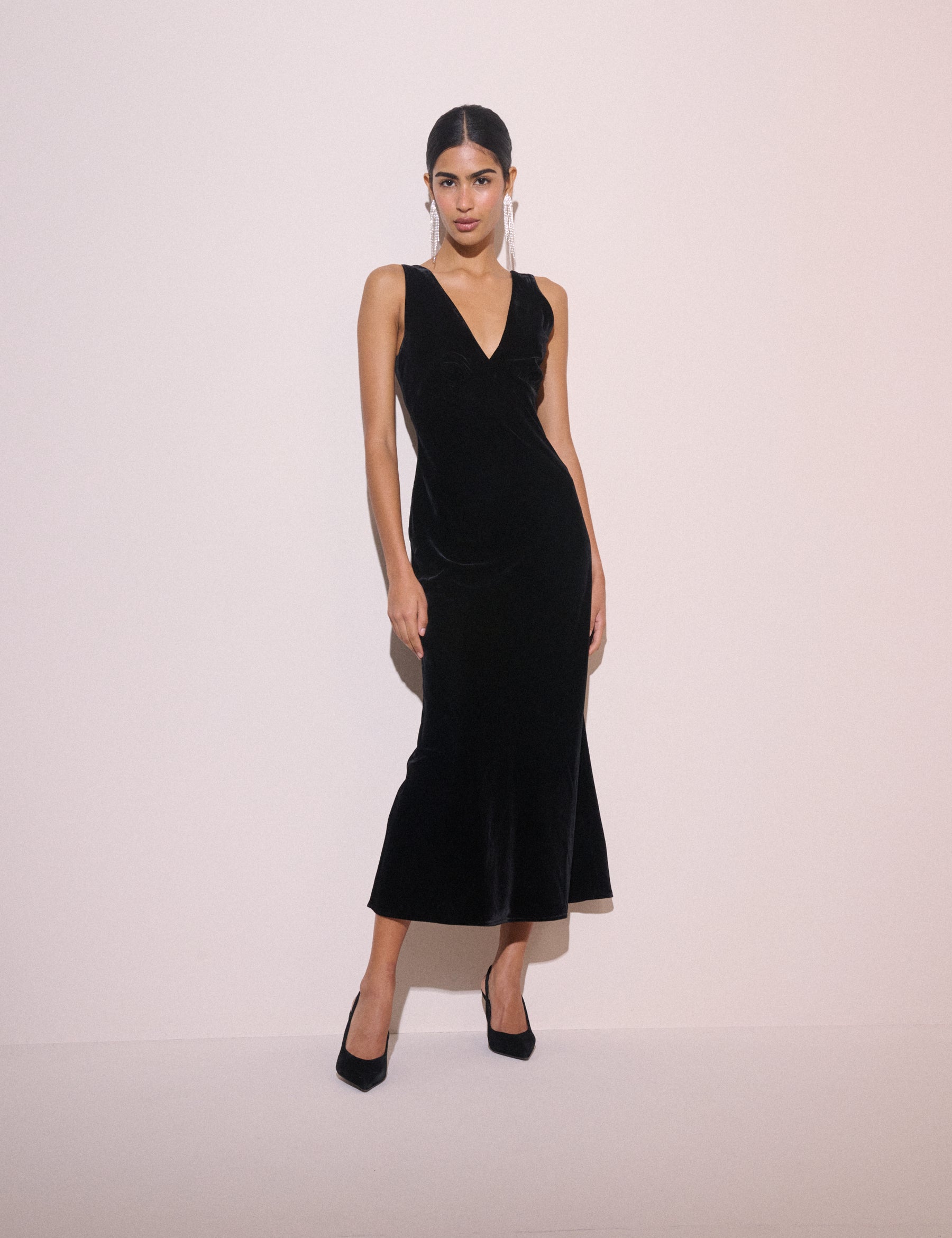 Black Ruched Velvet Joey Midi Dress