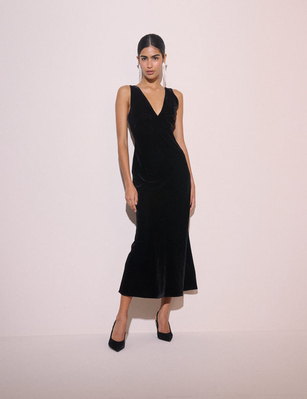 Black Ruched Velvet Joey Midi Dress