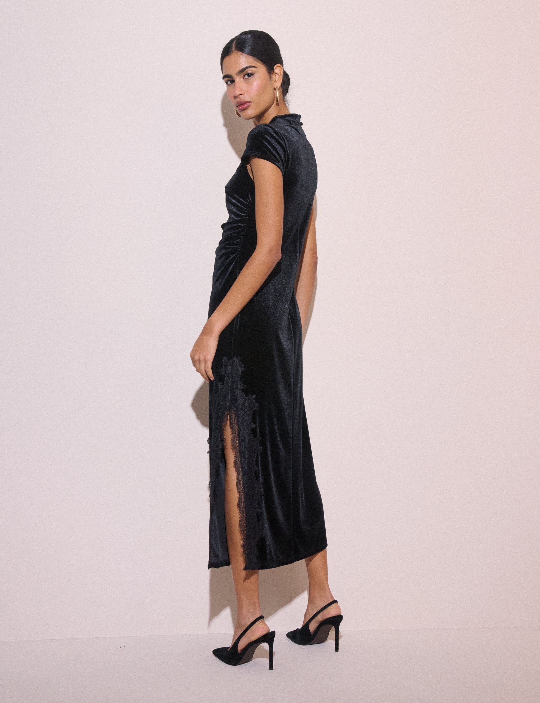 Black Lace Trim Velvet Manon Midi Dress