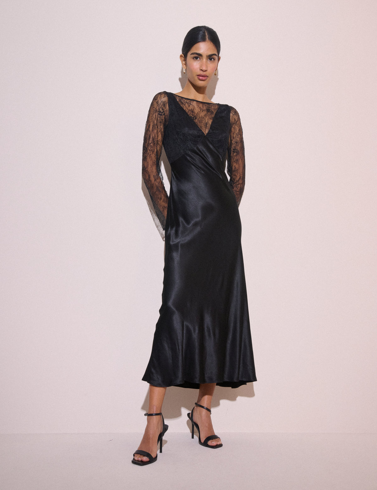 Black Lace Detail Satin Kimber Midi Dress