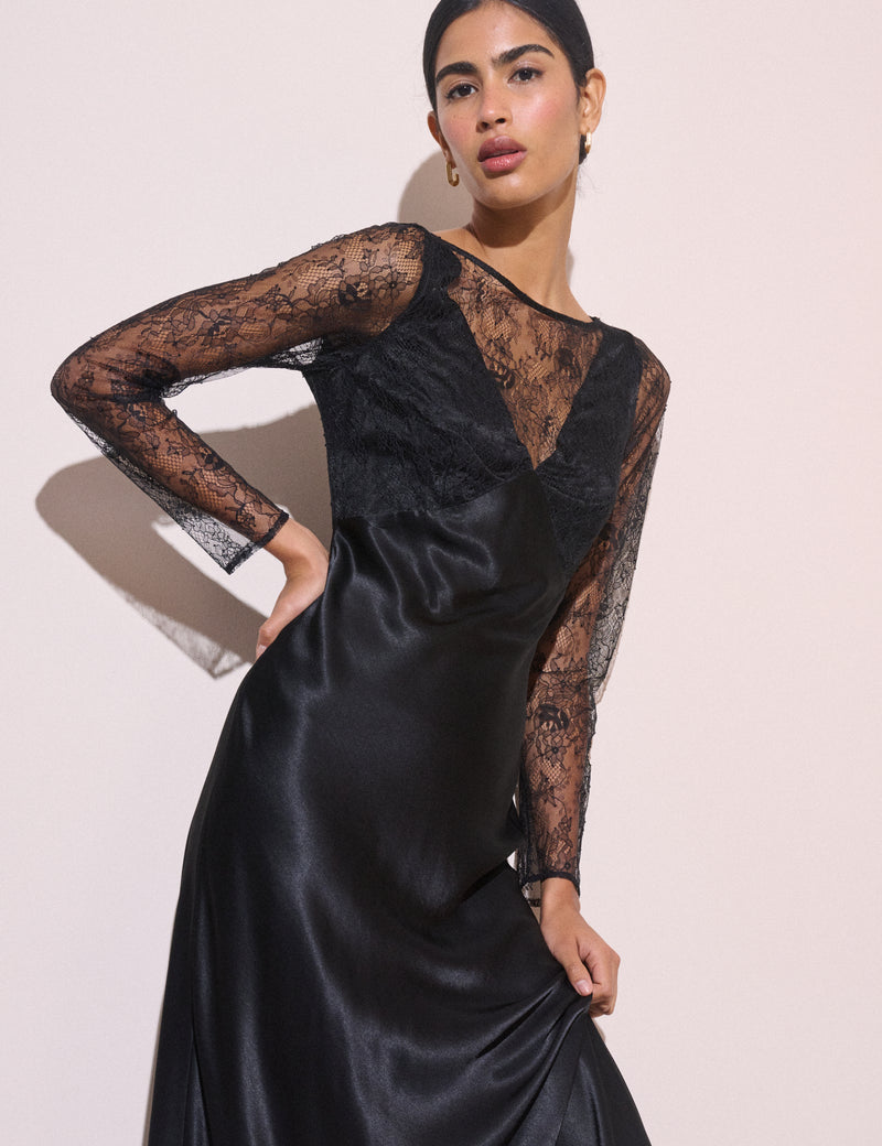 Black Lace Detail Satin Kimber Midi Dress