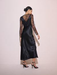 Black Lace Detail Satin Kimber Midi Dress