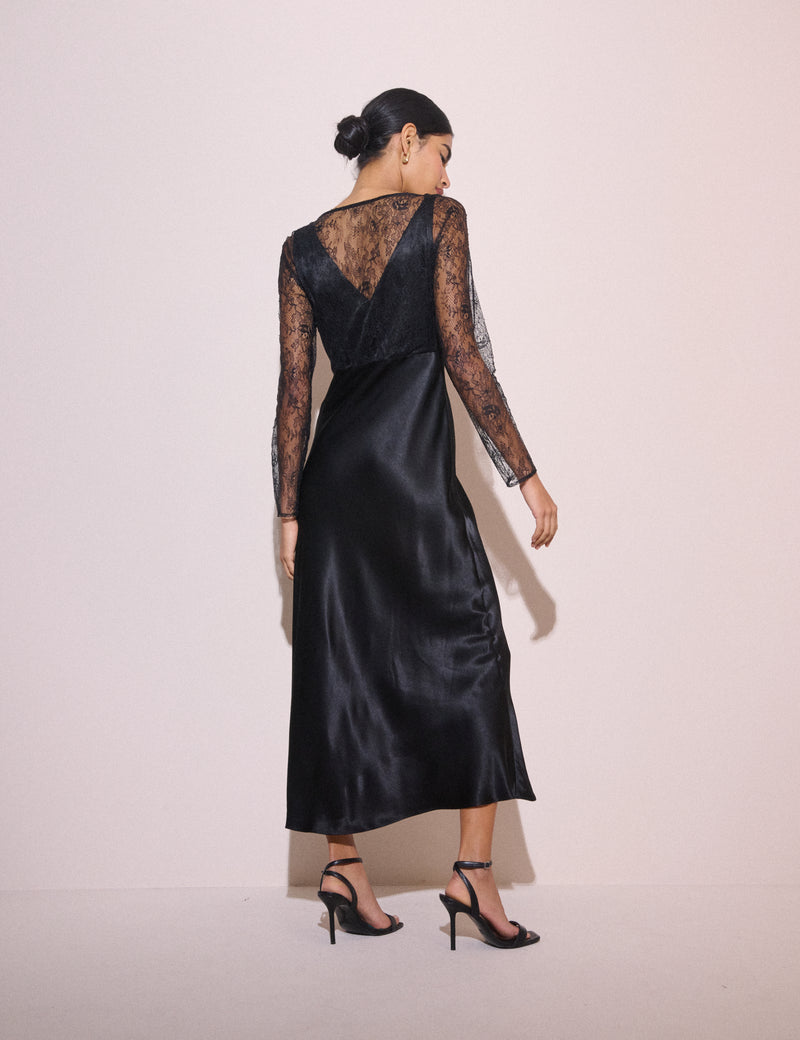 Black Lace Detail Satin Kimber Midi Dress