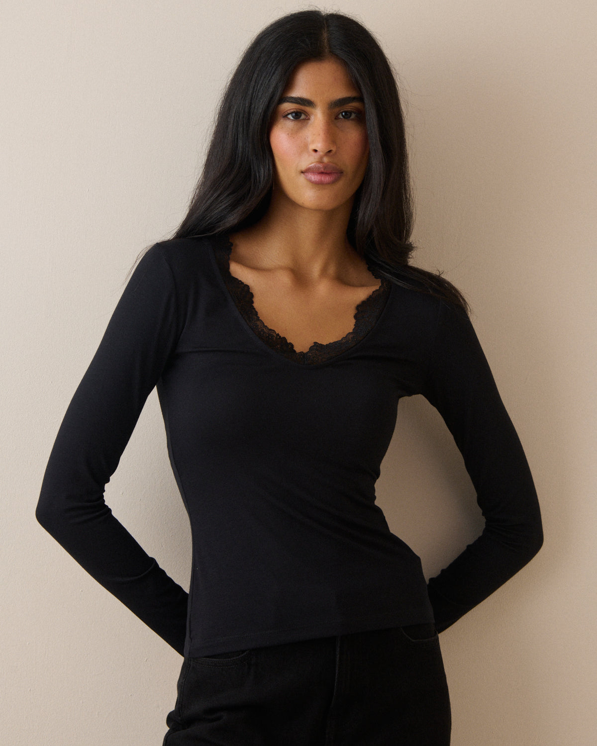 Black Scalloped Lace Trim Modal-Rich Top